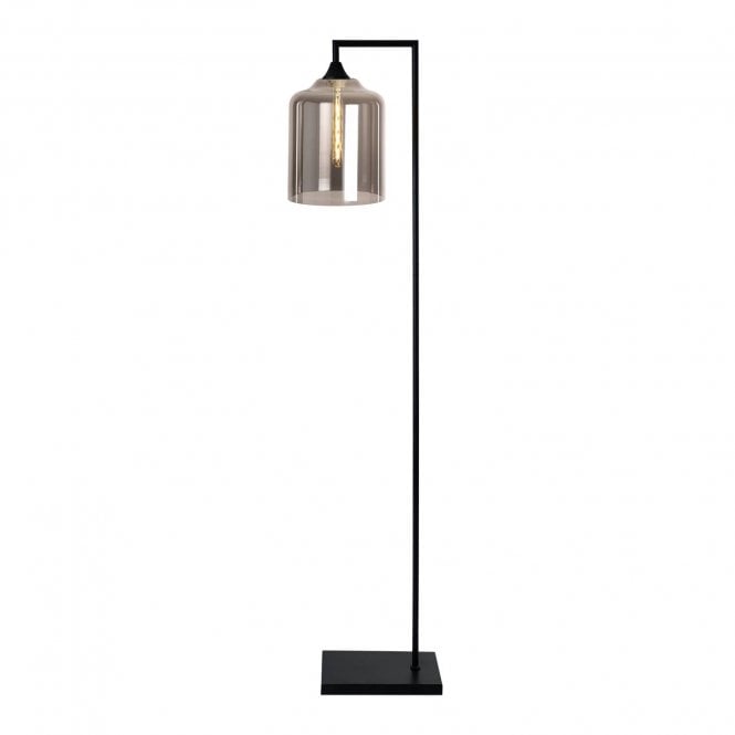 OPT Right Angled Floor Lamp in Black with Wide Cylinder Glass Smoked shade