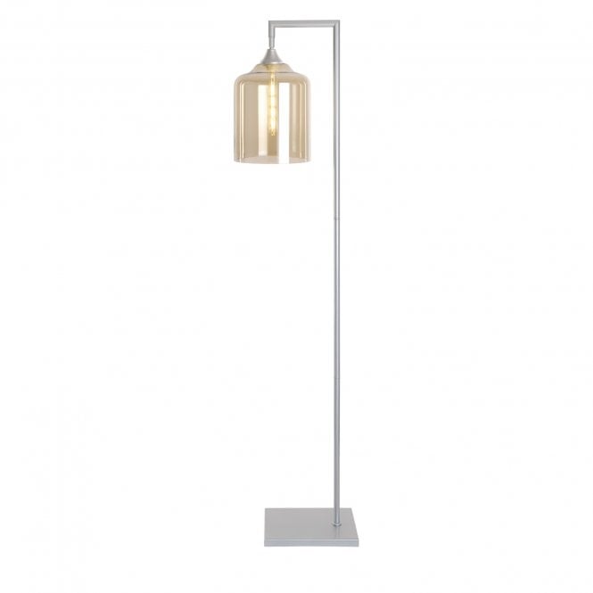 OPT Right Angled Floor Lamp in Silver with Wide Cylinder Amber Shade