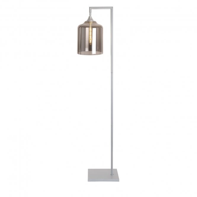OPT Right Angled Floor Lamp in Silver with Wide Cylinder Smoked Shade
