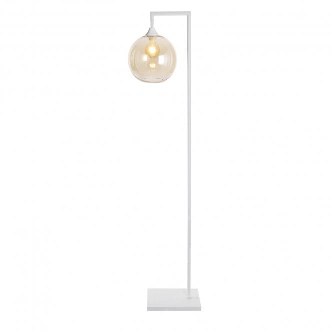 OPT Right Angled Floor Lamp in White With Globe Amber Glass Shade