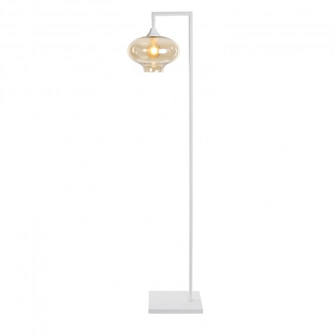 OPT Right Angled Floor Lamp in White With Mushroom Globe Amber Glass Shade