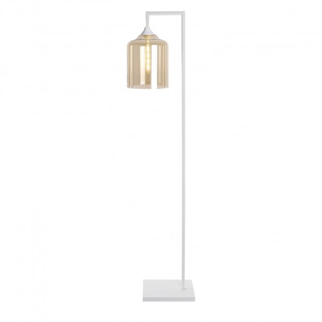 OPT Right Angled Floor Lamp in White With Wide Cylinder Amber Glass Shade