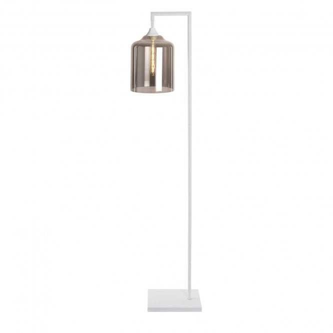 OPT Right Angled Floor Lamp in White With Wide Cylinder Smoked Glass Shade