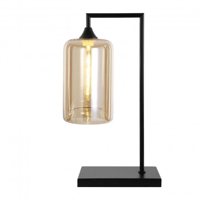 OPT Table Lamp in Black with Narrow Cylinder Amber Glass Shade