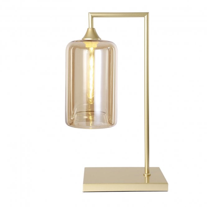 OPT Table Lamp in Gold with Narrow Cylinder Amber Glass Shade
