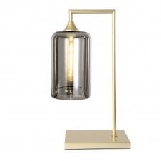 OPT Table Lamp in Gold with Narrow Cylinder Smoked Glass Shade