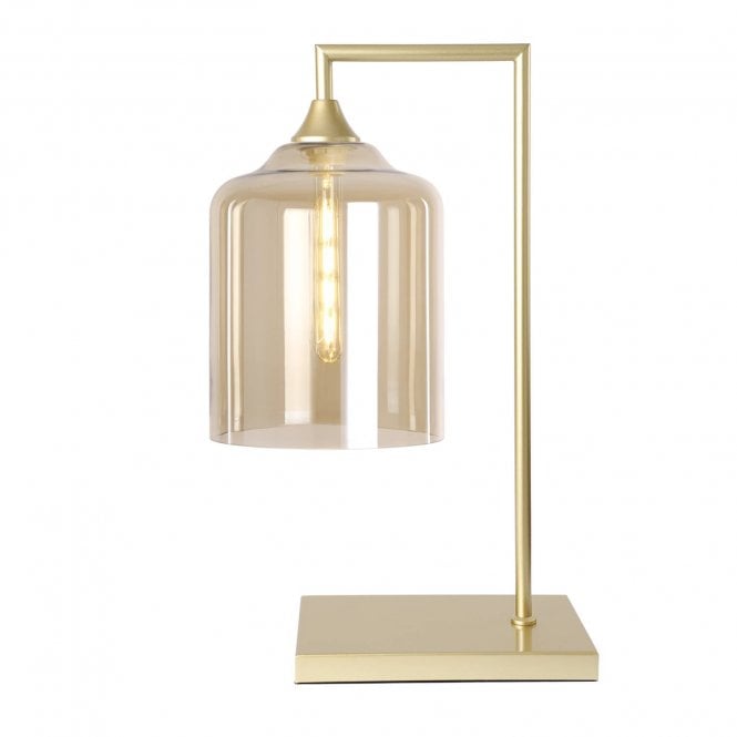 OPT Table Lamp in Gold with Wide Cylinder Amber Glass Shade