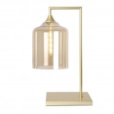 OPT Table Lamp in Gold with Wide Cylinder Amber Glass Shade