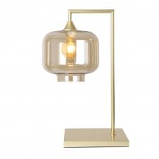OPT Table Lamp in Gold with Wide Cylinder Amber Glass Shade