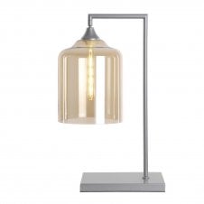 Silver table lamp with wide cylinder amber glass shade