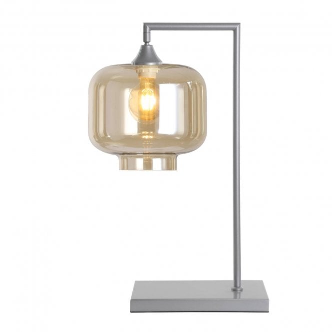 OPT Table Lamp in Silver with Wide Cylinder Amber Glass Shade