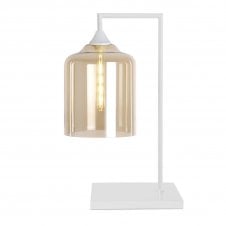 OPT Table Lamp in White Wide Cylinder Amber Glass Shade
