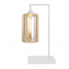 OPT Table Lamp in White with Narrow Cylinder Amber Glass Shade