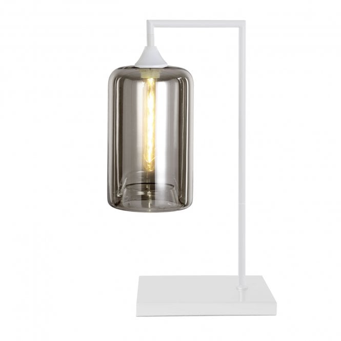 OPT Table Lamp in White with Narrow Cylinder Smoked Glass Shade