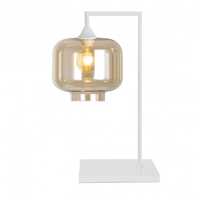 OPT Table Lamp in White with Wide Cylinder Amber Glass Shade