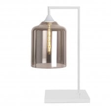 OPT Table Lamp in White with Wide Cylinder Smoked Glass Shade