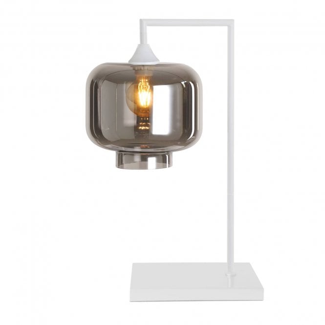 OPT Table Lamp in White with Wide Cylinder Smoked Glass Shade