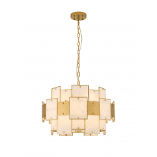 large modern pendant light featuring white frosted glass alabaster and gold panels 