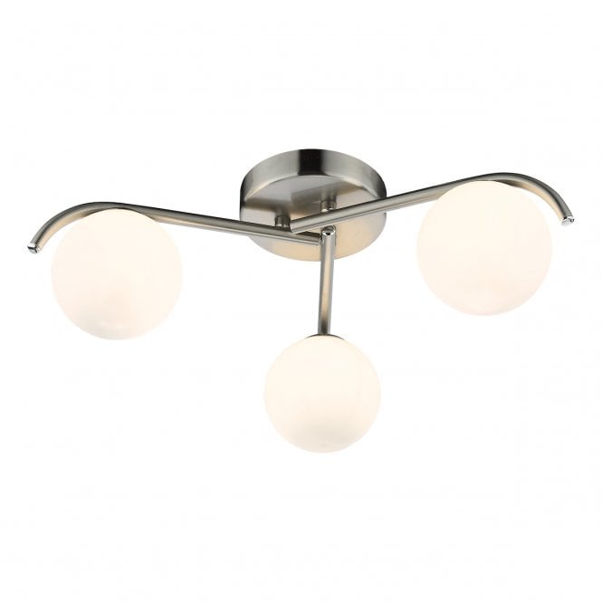 Orlena 3 Light Flush Ceiling Light in Satin Chrome with Opal Glass Shades