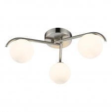 3 light flush ceiling light with satin chrome finish paired with opal glass balls, subtly curved ends 