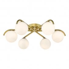 6 light flush ceiling light in satin gold with opal glass