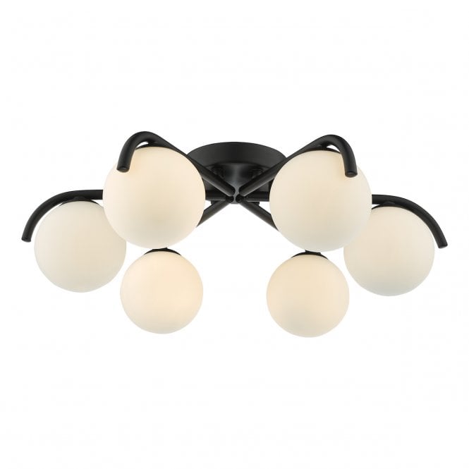 Orlena 6 Light Semi-Flush Ceiling Light in Matte Black with Opal Glass Shades