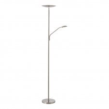 A contemporary mother and child LED floor lamp in a satin nickel finish