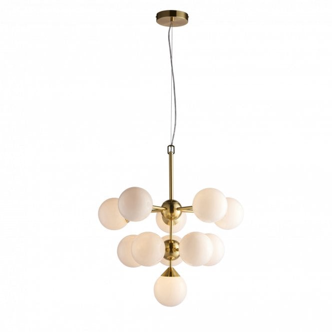 OSCAR 11 light brushed gold finish ceiling pendant with opal globes