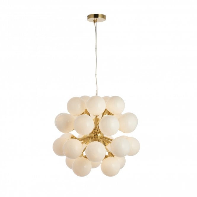 OSCAR 28 light satin brushed gold ceiling pendant with opal glass globe shades