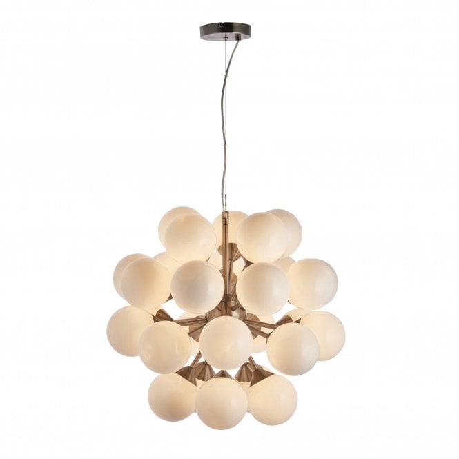 OSCAR 28 light satin nickel ceiling pendant with opal glass globe shades
