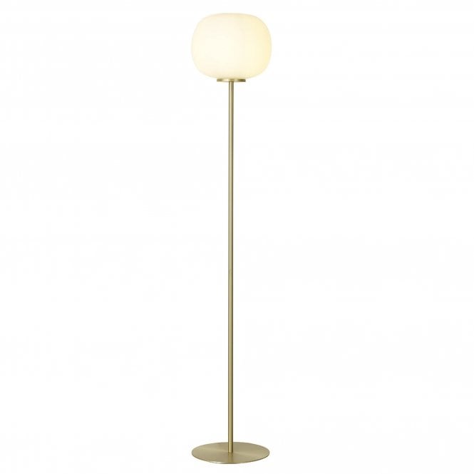 PACIFIC Medium Oval Ball Floor Lamp 1 Light E27 Satin Gold Base With Frosted White Glass Globe