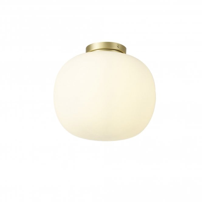 PACIFIC Medium Oval Ball Flush Fitting | 1 Light E27 | Satin Gold Base With Frosted White Glass Globe