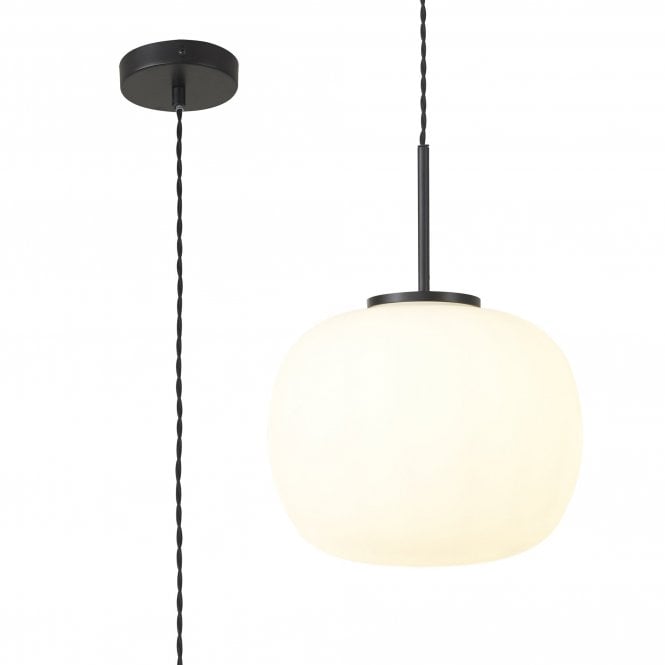 PACIFIC Medium Oval Ball Pendant 1 Light E27 Matt Black Suspension With Frosted White Glass Globe