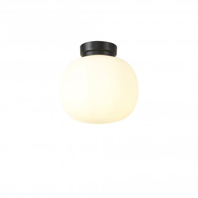 PACIFIC Small Oval Ball Flush Fitting 1 Light E27 Matt Black Base With Frosted White Glass Globe