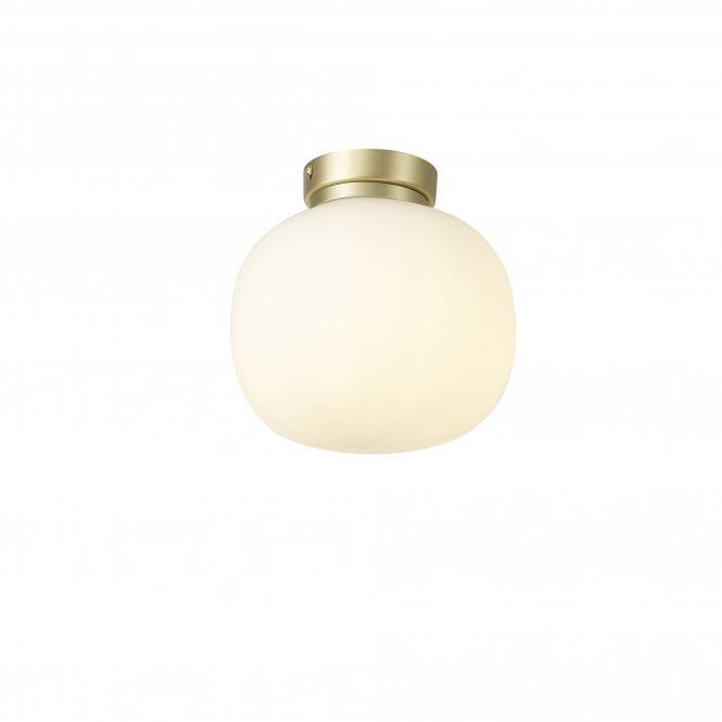 PACIFIC Small Oval Ball Flush Fitting | 1 Light E27 | Satin Gold Base With Frosted White Glass Globe