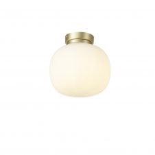 PACIFIC Small Oval Ball Flush Fitting | 1 Light E27 | Satin Gold Base With Frosted White Glass Globe