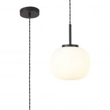 PACIFIC Small Oval Ball Pendant 1 Light E27 Matt Black Suspension With Frosted White Glass Globe