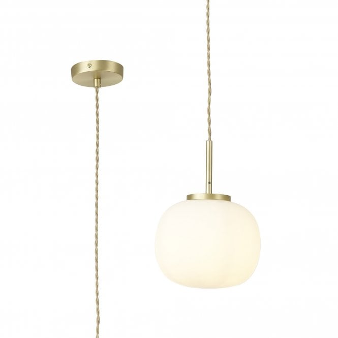 PACIFIC Small Oval Ball Pendant 1 Light E27 Satin Gold Suspension With Frosted White Glass Globe