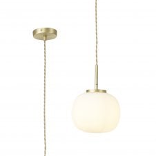 PACIFIC Small Oval Ball Pendant 1 Light E27 Satin Gold Suspension With Frosted White Glass Globe