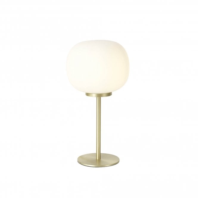 PACIFIC Small Oval Ball Tall Table Lamp 1 Light E27 Satin Gold Base With Frosted White Glass Globe