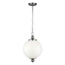white glass globe ceiling pendant with polished nickel chain suspension