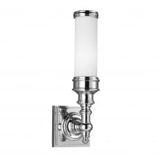 classic bathroom wall light in polished chrome with opal glass shade