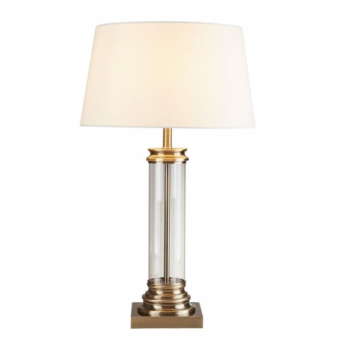PEDESTAL antique brass and glass column table lamp with shade