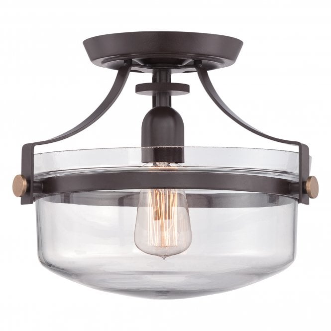 PENN STATION vintage industrial semi flush ceiling light in bronze with clear glass dome shade