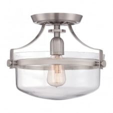 vintage industrial semi flush ceiling light in nickel with clear glass shade