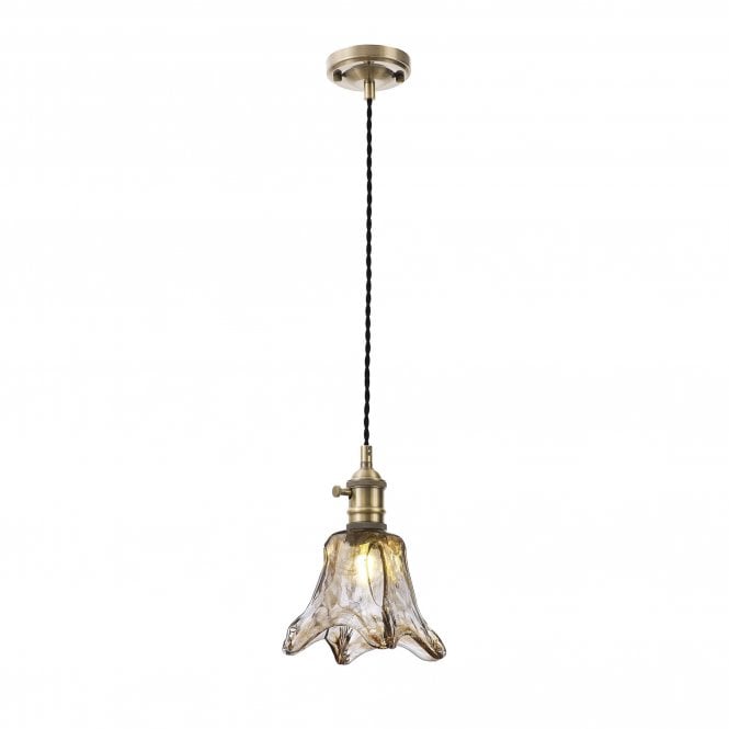 PIEBALD Switched Pendant 1.5m | Antique Brass Black Twisted Cable Brown Flower Glass