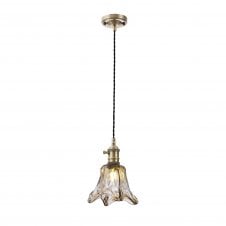 PIEBALD Switched Pendant 1.5m | Antique Brass Black Twisted Cable Brown Flower Glass
