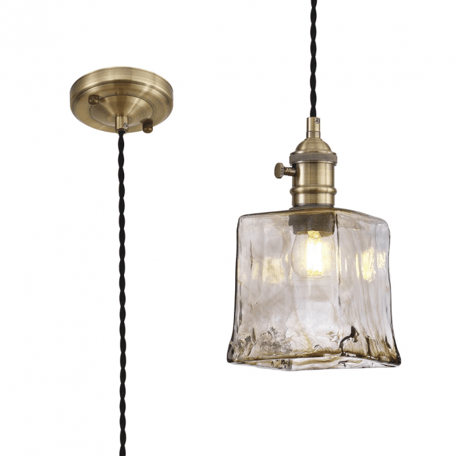 PIEBALD Switched Pendant 1.5m | Antique Brass Black Twisted Cable Brown Square Glass