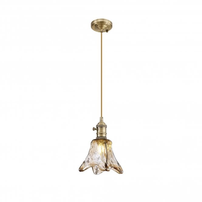 PIEBALD Switched Pendant 1.5m | Antique Brass Golden Brown Braided Cable Brown Flower Glass