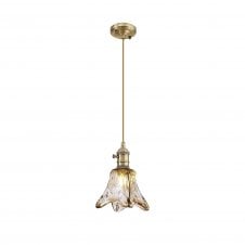PIEBALD Switched Pendant 1.5m | Antique Brass Golden Brown Braided Cable Brown Flower Glass